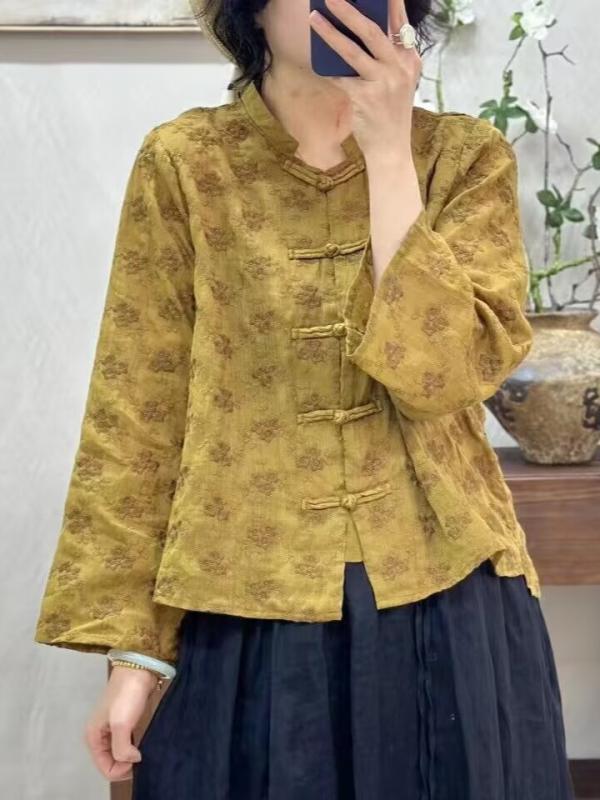 レディース ラミー 刺繍 盤扣 ゆったり 大きめ チャイナ ブラウス 春夏 軽量 通気性 アーティスティック