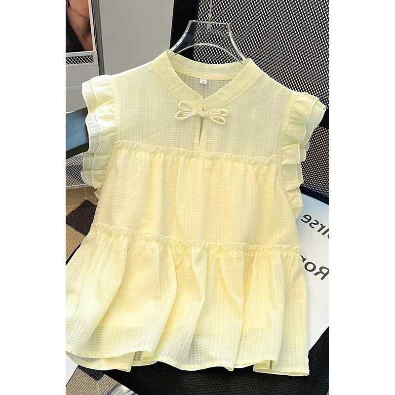 ブラウス レディース 夏 薄手 シフォン 立襟 小飛袖 中国風 ゆったり トップス かわいい 軽量 吸湿速乾 通勤 普段使い