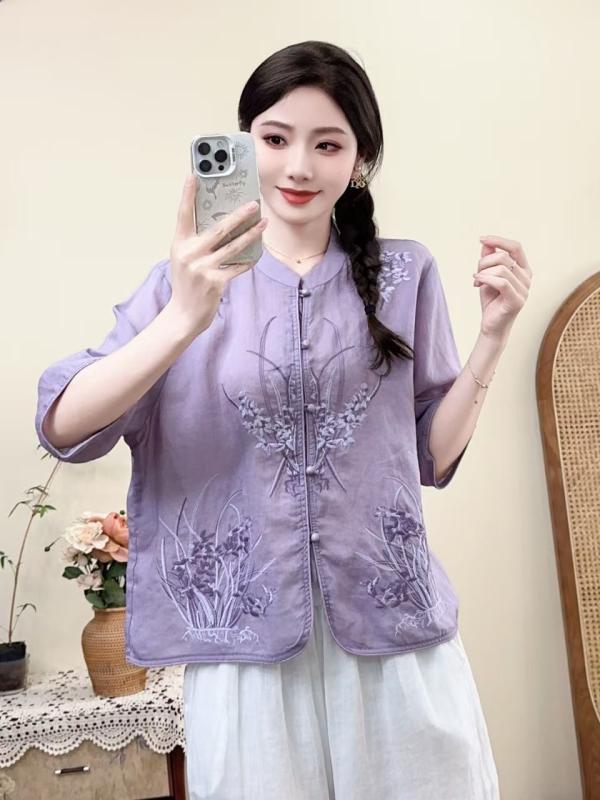 シャツ レディース 麻 花刺繍 森ガール 夏用 ゆったり 立襟 布ボタン 七分袖 エスニック ナチュラル カジュアル 通気性 吸湿速乾 ビッグシルエット 日常使い トップス