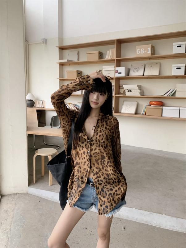 レディース 長袖シャツ ヒョウ柄 ポロ襟 レトロ ゆったり シルエット UVカット 夏用 トップス 普段使い フィット ブラウス