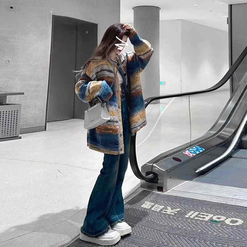 レディース ニット カーディガン カラフル ストライプ 薄手 中長丈 ゆったり 春秋 トップス 伸縮性 軽量 普段使い