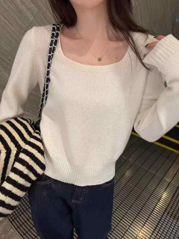 インナーセーター 女性用 羊毛 薄手 短丈 スクエアネック 春秋 多色 ニットトップス ベースレイヤー 暖かみ 柔らかい レイヤード 普段使い