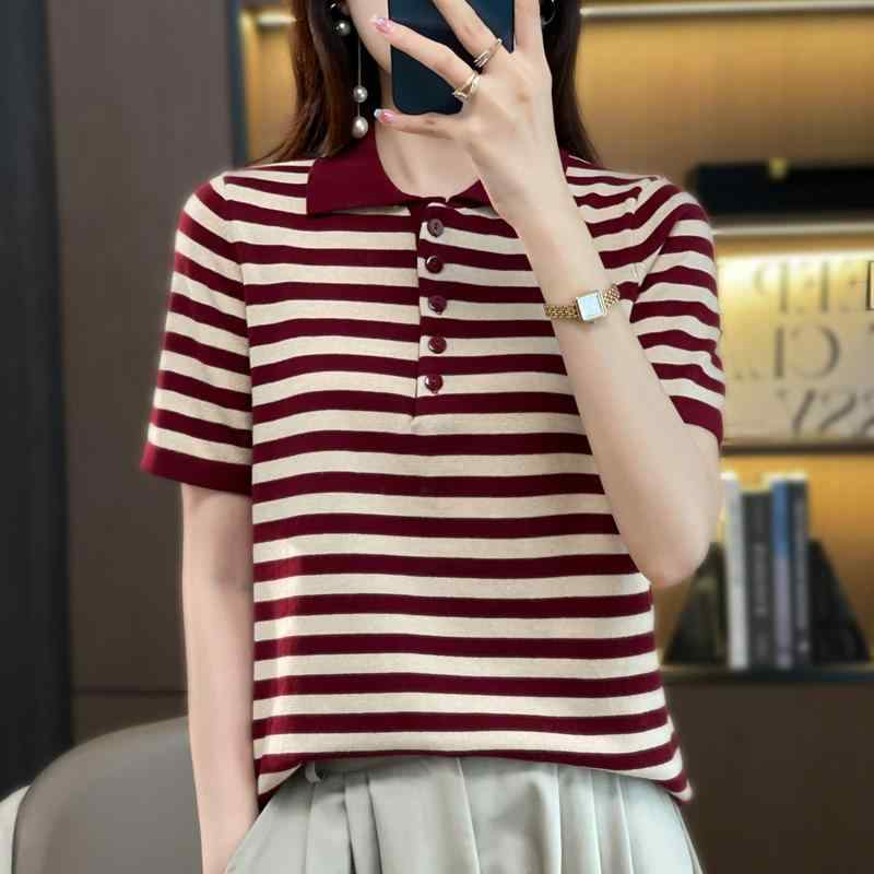 Tシャツ レディース 夏 ストライプ 半袖 ポロカラー ゆったり 薄手 ビッグサイズ コットン インナー ニット トップス 吸湿速乾 軽量 カジュアル