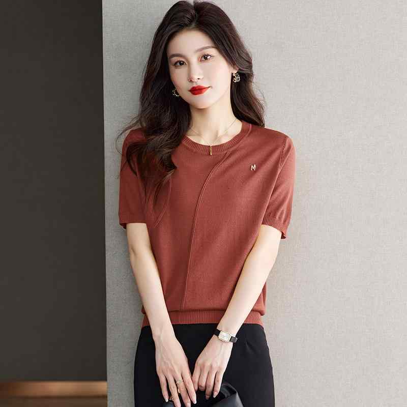 Tシャツ レディース 夏用 ゆったり 半袖 ラウンドネック ニット 接触冷感 薄手 伸縮性 軽量 体型カバー 吸湿速乾 カジュアル 日常使い ファッション トップス