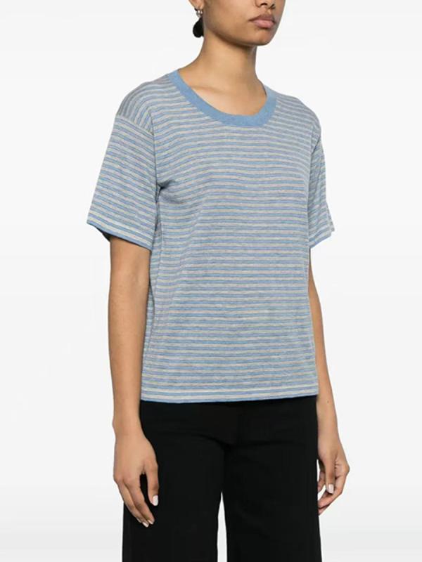 レディース 春夏 コットン ブルーグレー ストライプ ニット 短袖 Tシャツ 軽量 丸首 ゆったり トップス フィット カジュアル 普段使い 吸湿速乾 柔らかい肌触り