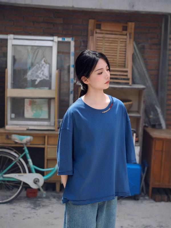 プルオーバー 半袖 薄っぺら ゆったり 心地よい 刺しゅう レトロ ティーシャツ 夏 トップス 普段使い走り 軽さ 通気性 影ぼうし