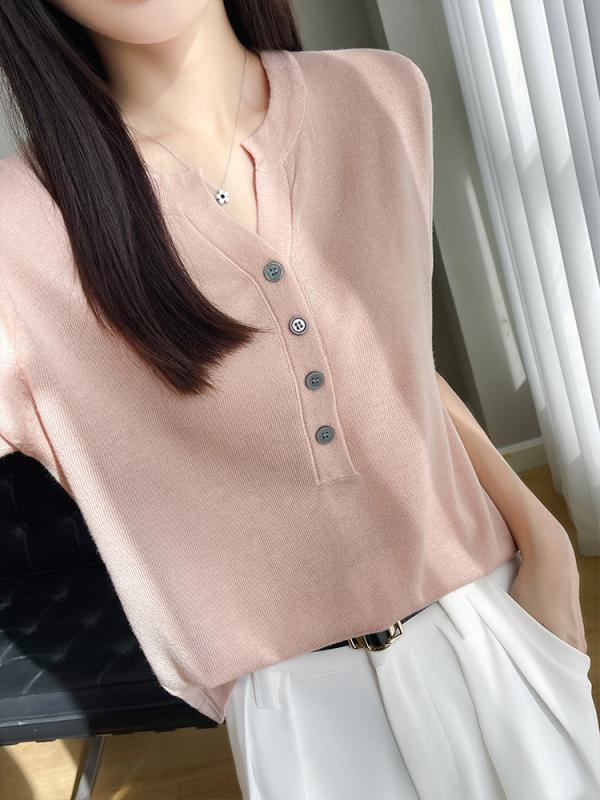 レディース Vネック ニット トップス 短袖 春夏 薄手 カジュアル ゆったり Tシャツ フィット 普段使い 軽量 ソフト素材