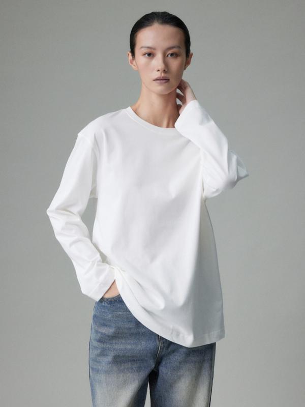 Tシャツ レディース 長袖 クルーネック コットン クラシック ベースレイヤー レイヤード 単独着用 普段使い 伸縮性 綿素材 シンプル トップス