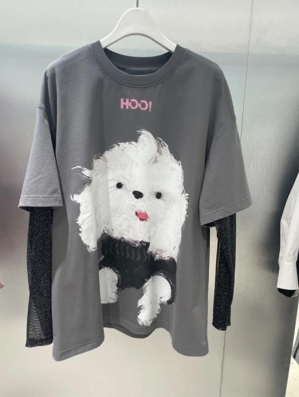 Tシャツ レディース 長袖 春夏 フェイクツーピース 丸首 ・柑通プリント カジュアル かわいい イラスト柄 普段使い トップス 軽量 伸縮性