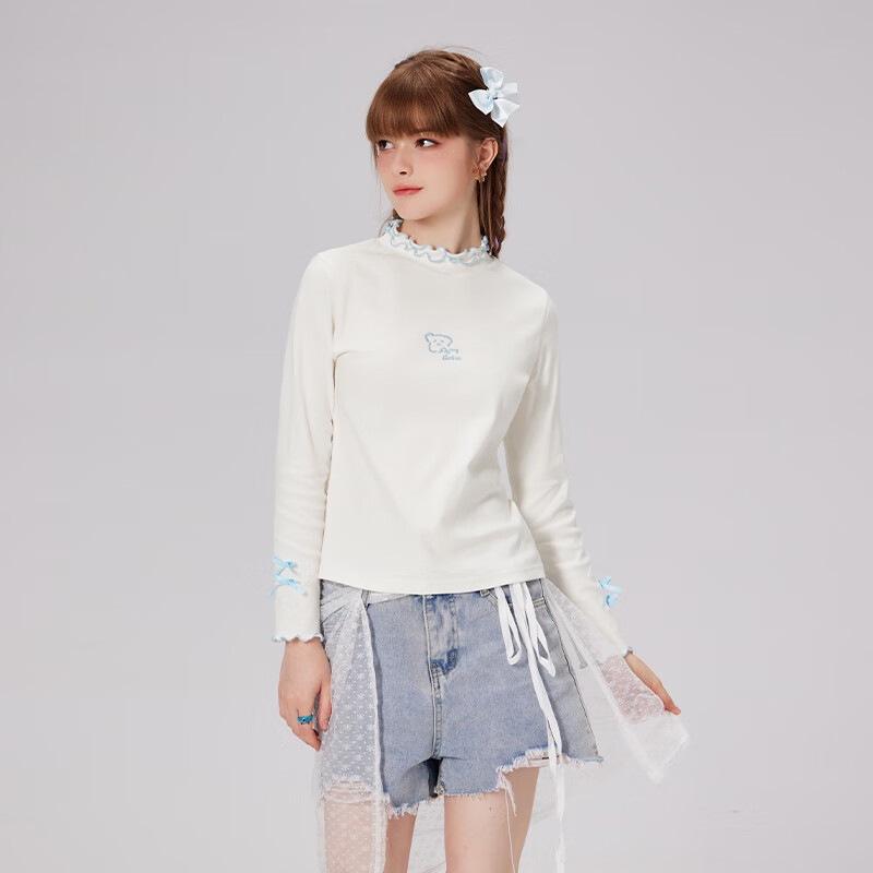 レディース Tシャツ 長袖 ハーフハイネック 袖フリル 蝶結び スリムシルエット タイトフィット カジュアル トップス かわいい スタイルアップ 普段使い