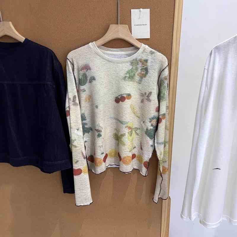トップス 長袖 Tシャツ 芸術的 花柄 果物プリント フリルエッジ 逆縫い ショート丈 スリムフィット ラウンドネック かわいい 女性用 普段使い コットン混 軽量 伸縮性