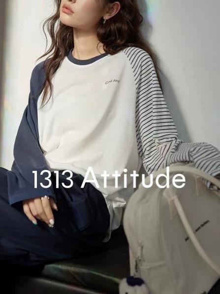 Tシャツ 長袖 ブルー ホワイト ストライプ 切り替え 春秋 カジュアル ゆったり 刺繍 英字 トップス シャツ 普段使い 軽量 コットン 混 ビッグシルエット