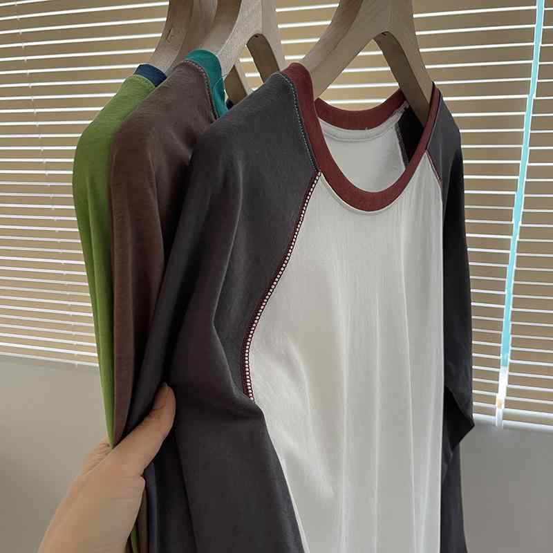 レディース 長袖 Tシャツ 切り替え ラグラン袖 コントラストカラー クルーネック ステッチ飾り 薄手 ゆったり カジュアル インナー トップス スタイリッシュ 日常使い