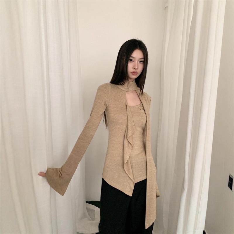 ニット トップス アシンメトリー フリル リボン 透け 伸縮性 軽量 カジュアル 女性用 日常使い