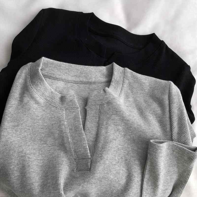 Tシャツ 長袖 Vネック リブ スリム 秋用 インナー トップス 伸縮性 レイヤード 普段使い コットン混 ブラック グレー