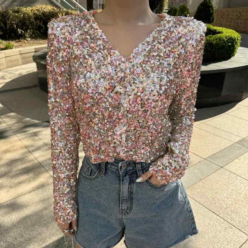 レディース 長袖 Vネック スパンコール Tシャツ プルオーバー シティ カジュアル トップス 日常使い ゆったり キラキラ