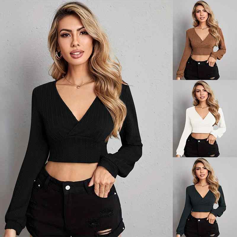 トップス レディース 春夏 Vネック スリムフィット 長袖 Tシャツ ツイスト生地 インナー ショート丈 伸縮性 レイヤード用
