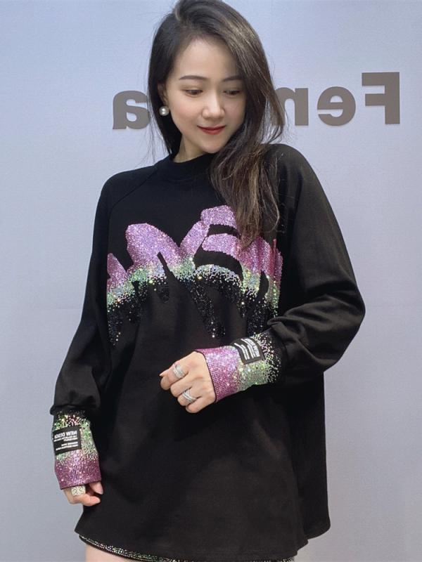 トップス レディース 秋冬 ゆったり 長袖 厚手 インナー フィット 大きめサイズ スパンコール 装飾 伸縮性 普段使い 部屋着 対応