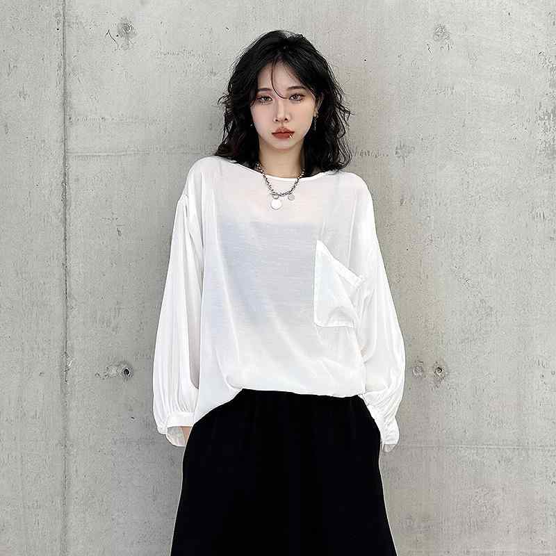 Tシャツ レディース 長袖 無地 薄手 シースルー コウモリ袖 片ポケット ラウンドネック インナー 春秋 カジュアル レイヤード トップス 軽量 伸縮性 普段使い