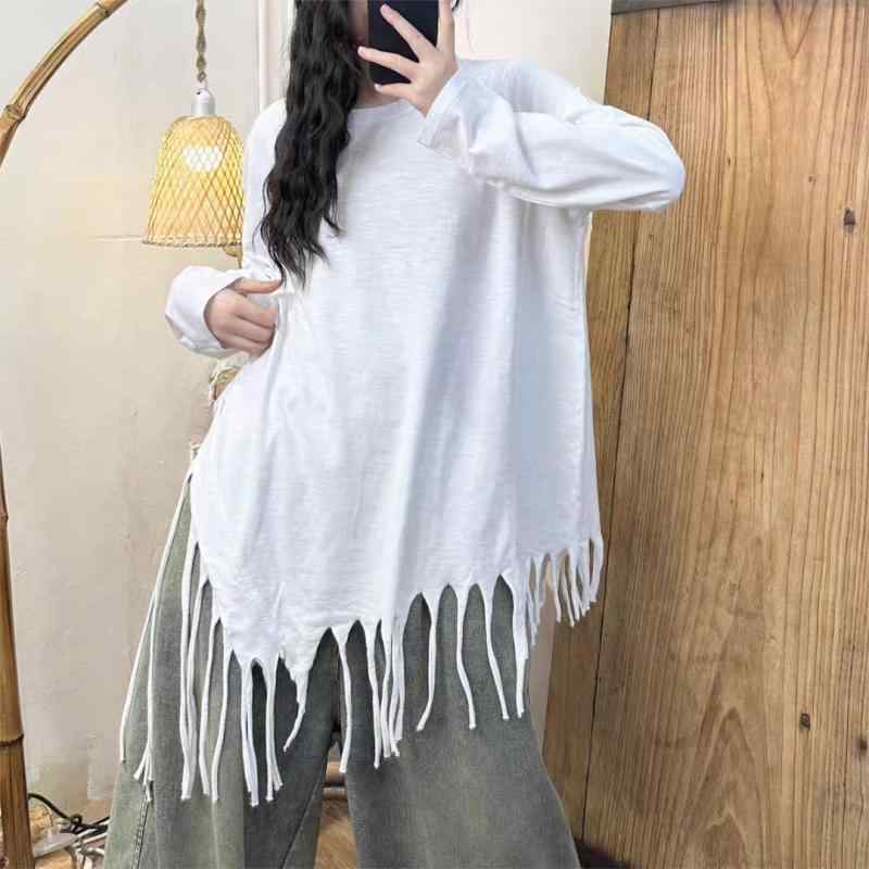 Tシャツ 春夏 トップス 丸首 アーティスティック カジュアル 個性 フリンジ 竹節 コットン ゆったり 長袖 フィット 日常使い 軽量 吸湿速乾