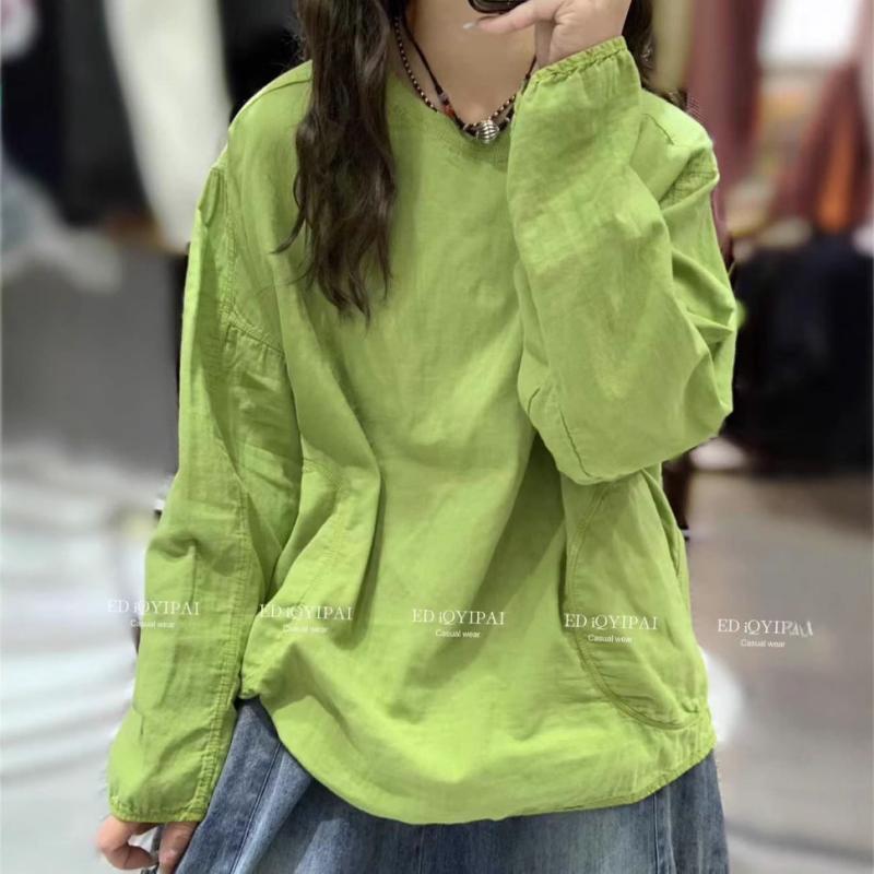 Tシャツ 長袖 丸首 ゆったり コットンリネン ダブルガーゼ 韓国 春夏 カジュアル インナー ベーシック 普段使い フィット 軽量 吸湿速乾