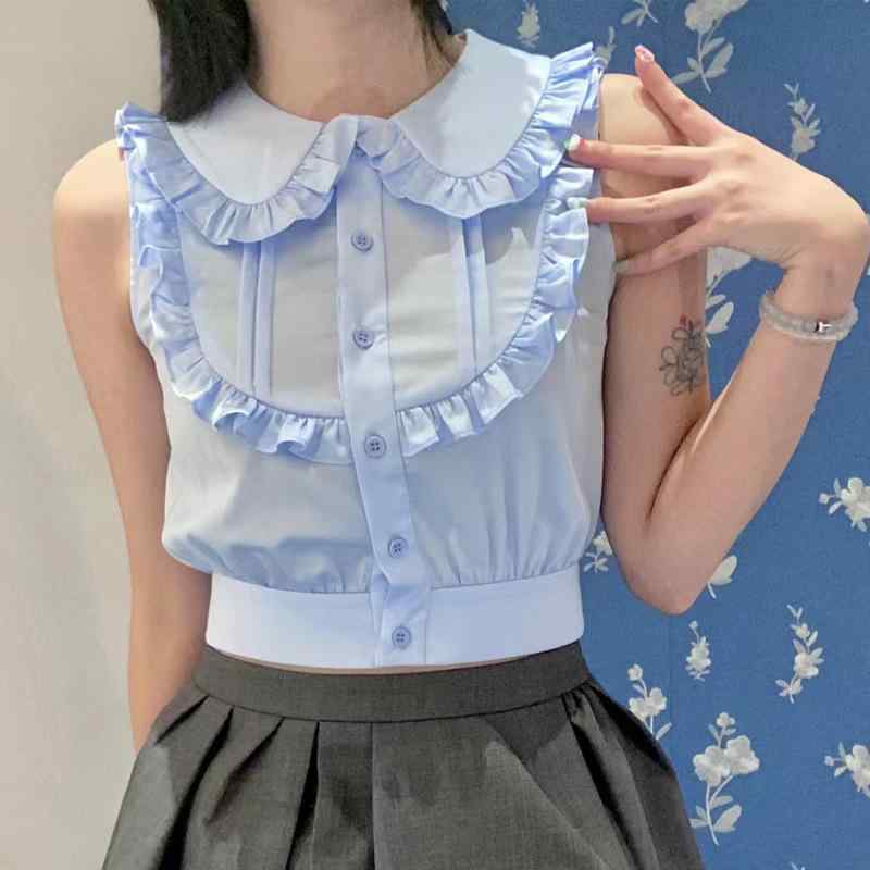 レディース ノースリーブ ブラウス ドールカラー レース 装飾 スリムフィット ショート丈 トップス かわいい 軽量 伸縮性 普段使い