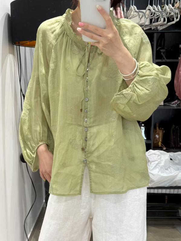 シャツ レディース ランタンスリーブ ラミー素材 ゆったりシルエット レトロ フリルカラー 通気性 吸湿速乾 カジュアルトップス 開衫タイプ