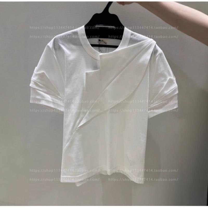 レディース Tシャツ 夏用 風 丸首 ゆったり アシンメトリー裾 フリル 短袖 トップス 日常使い 軽やか 綿素材 ビッグシルエット Vネック風