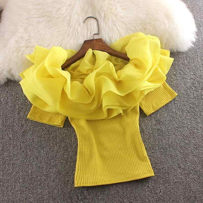 ブラウス レディース オフショルダー シフォン 切り替え フリル 短袖 夏 かわいい スタイル スリムフィット ショート丈 カジュアル 普段使い 軽量 通気性 フェミニン エレガント