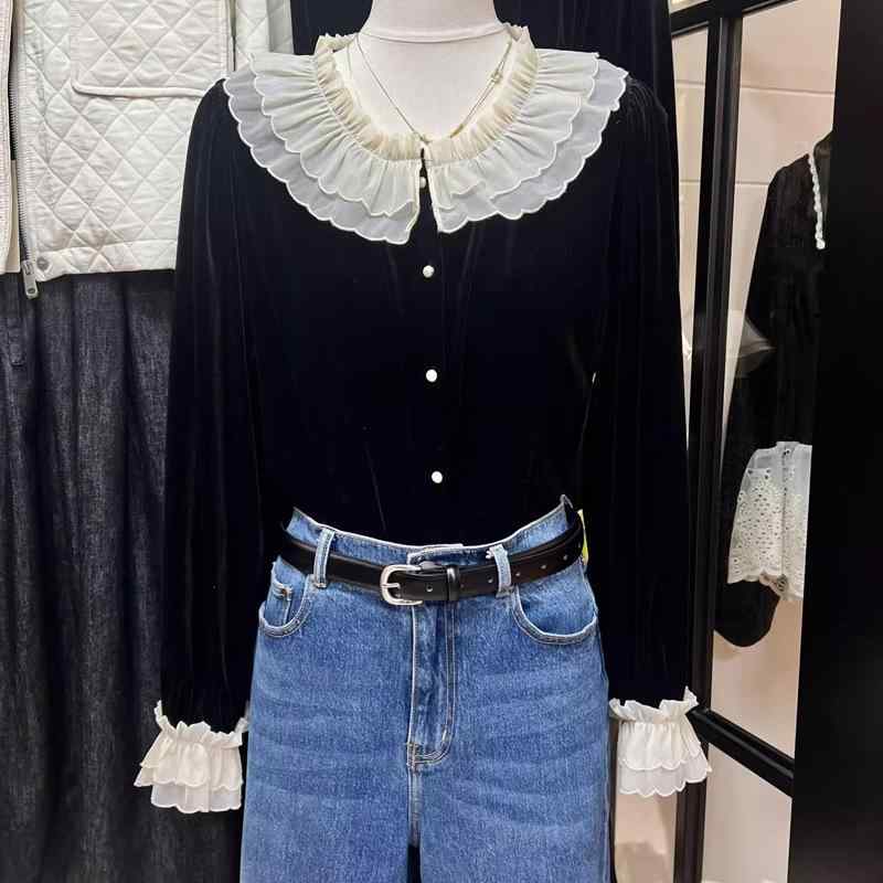 レディース 秋 フラウンス色つや 天鵝絨原料品 長袖 トップ 色彩設計 御前上等感 雅びやか トップス 女子らしい 地絹調 当たること冷感 軽さ 伸縮性