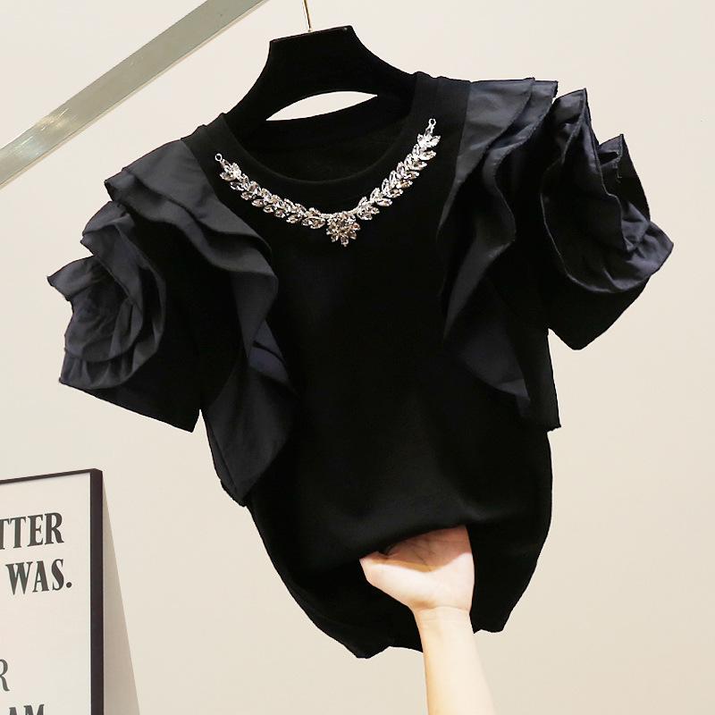 レディース シャツ 短袖 綿麻 透かし刺繍 フリル 切り替え 無地 カジュアル スリムシルエット 春夏 トップス 普段使い 軽量 通気性