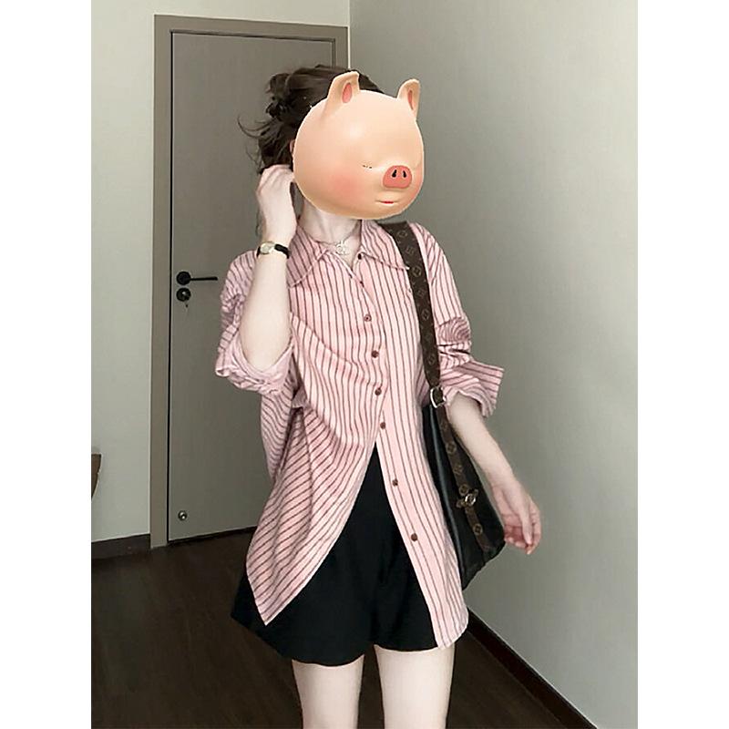 女性用 長袖シャツ ピンク ポロカラー ストライプ 秋 ゆったりシルエット カジュアル トップス ブラウス 普段使い 性