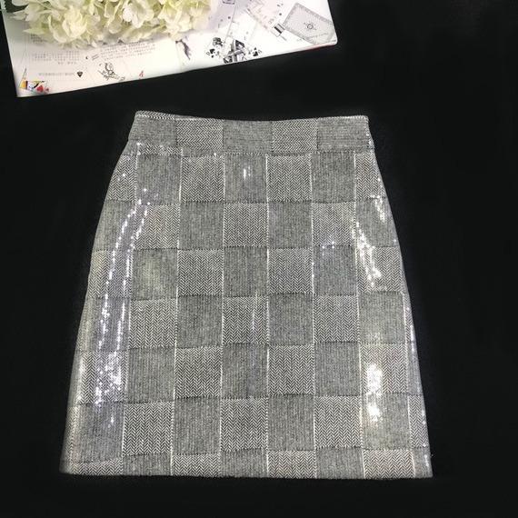 スカート 女性用 Aライン チェック柄 スパンコール ビーズ付き グレー 上品 ミニスカート カジュアル 光沢 装飾 膝上丈