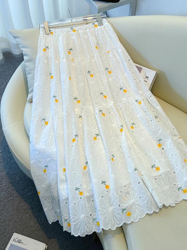 スカート レディース 白 夏用 刺繍 花柄 ハイウエスト 中長丈 Aライン フレアスカート 韓国 カジュアル 普段使い 軽量 通勤対応