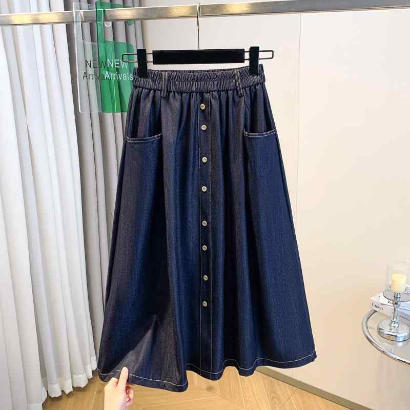 スカート レディース 春夏 デニム Aライン ミドル丈 ダークブルー スリム効果 ヒップカバー ゴムウエスト 大きめ サイズ 伸縮性 普段使い 通勤用 軽量 再生繊維