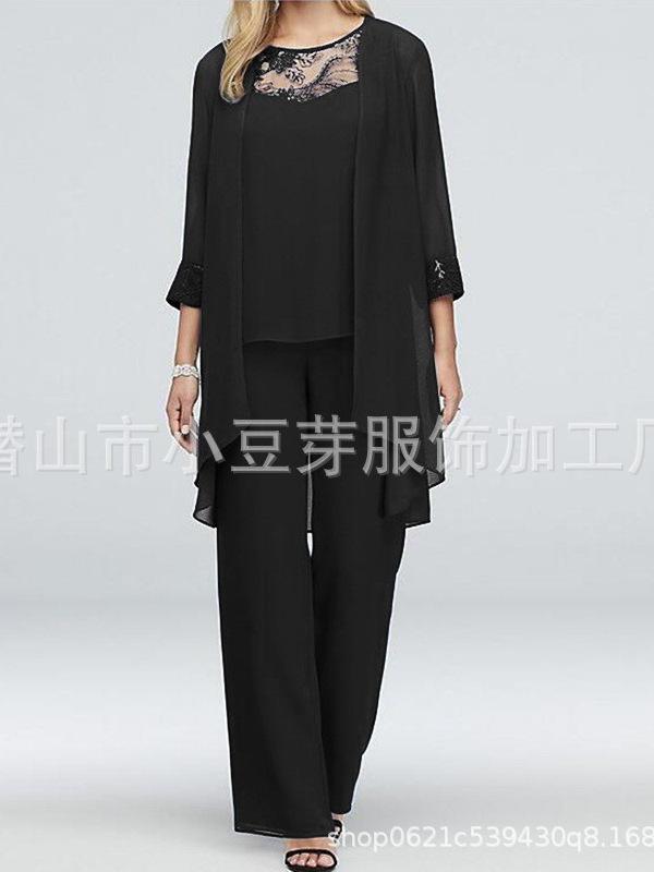 レディース 流行り物 三点書き割り スピード競技 うつり変わり シフォン ジレー 引っ切りないズボン下 ラウンドのど首 軽さ 通い用 心地よい 亭主もち用