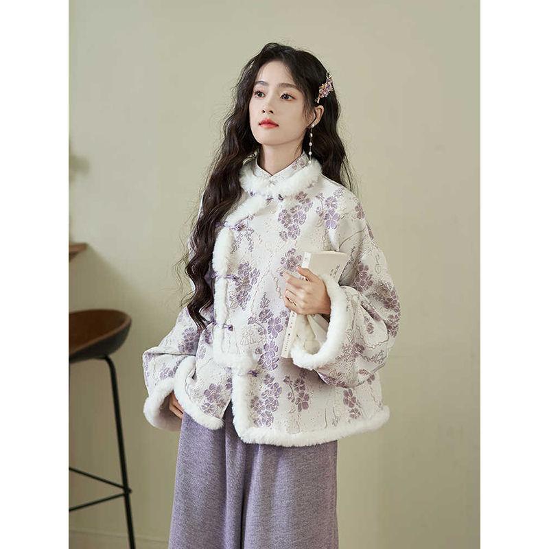 レディース 漢服風 トップス ワイドパンツ セット 秋冬 保温 暖か素材 上品 ゆったりシルエット 通勤 普段使い コットン混 紡績繊維