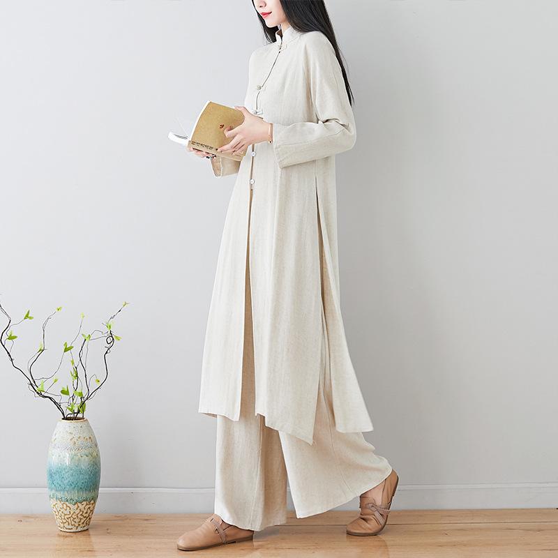 女性用 漢服 綿麻 素材 春秋 禅風 居士服 茶服 中国風 中華衣装 ゆったり シルエット リラックス ウェア セット