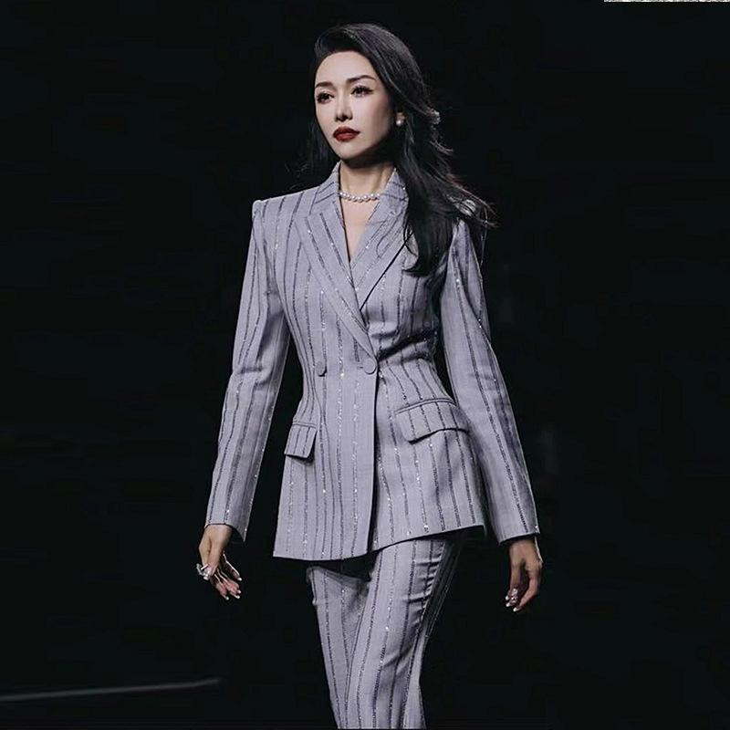 レディース スーツスカート 高級感 グレー ストーン 装飾 ビジネス ウェア 女性用 トップス ボトムス セット ストレッチ 素材 膝丈 シルエット|ホープ