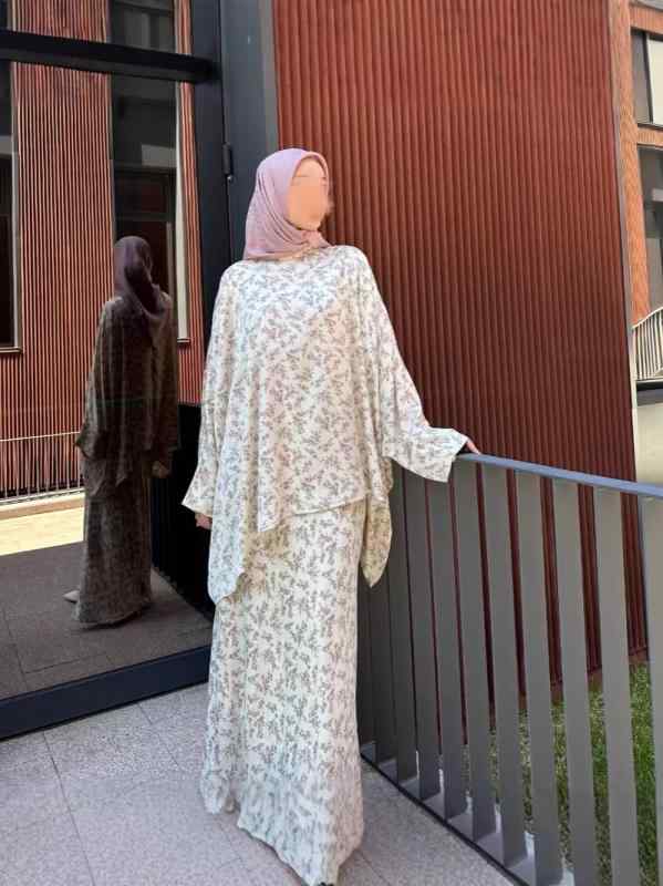レディース ムスリム コウモリ袖 トップス かわいい 花柄 膝丈 スカート セット