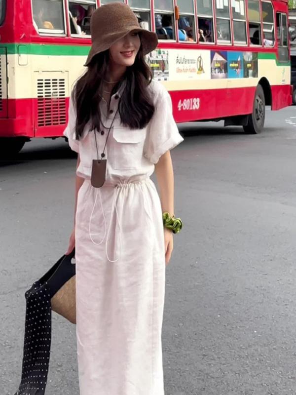 レディース ワンピース 韓国 夏用 ドローコード ロングドレス ウエストシェイプ スリムシルエット コットンリネン シンプル ホワイト シャツタイプ 軽量 普段使い 伸縮性