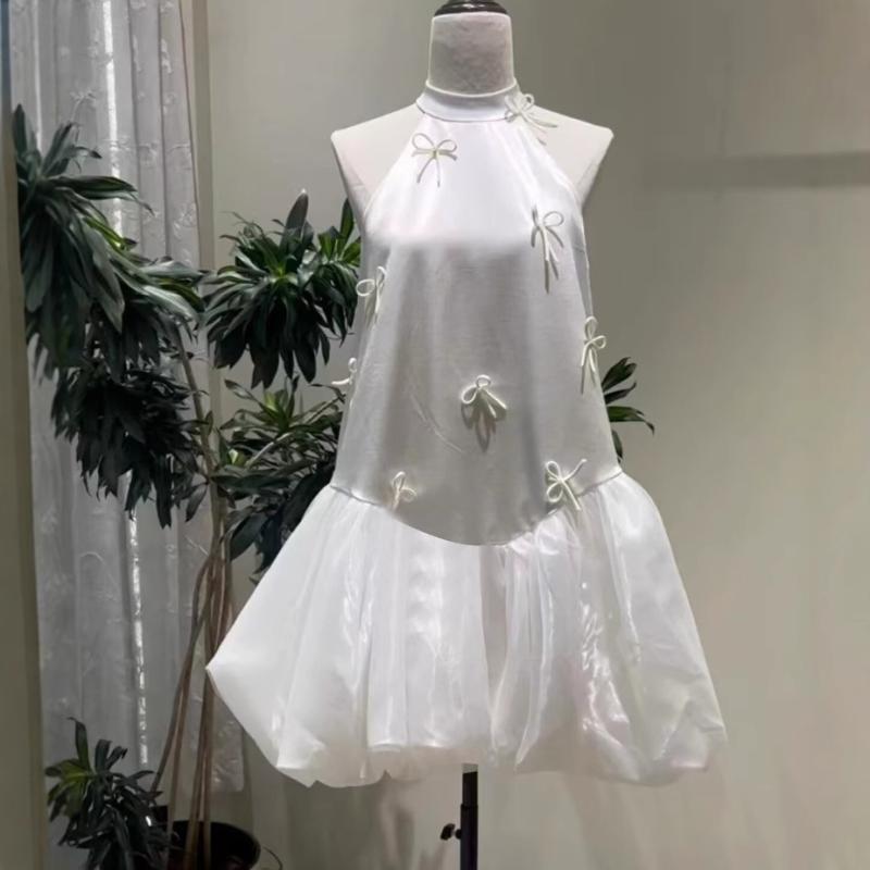 レディース ワンピース 白 ハルターネック 短め ミニ リボン 日常 婚約 結婚式用 フォーマル 高級感 かわいい シンプル 女性用 ドレス