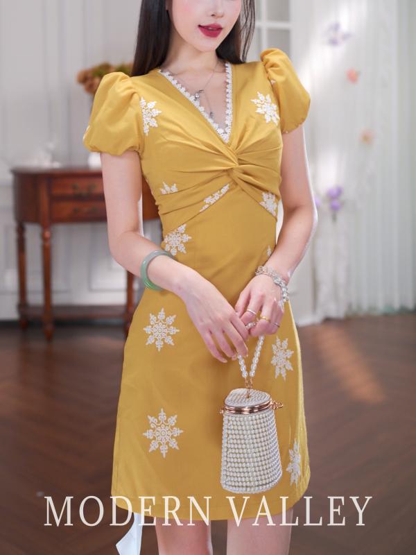 ワンピース レディース 黄色 レトロ 刺繍 夏用 ミニ ドレス 高級感 エレガント パーティー パーティー服 軽やか シルエット