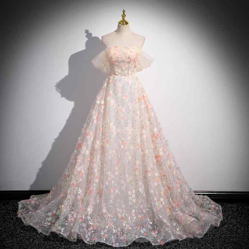レディース ピンク ストラップレス イブニングドレス 軽やか チュール 花びらスカート フェミニン パーティー 誕生日用 ステージ コンサート 気品 スタイリッシュ かわいい シルエット
