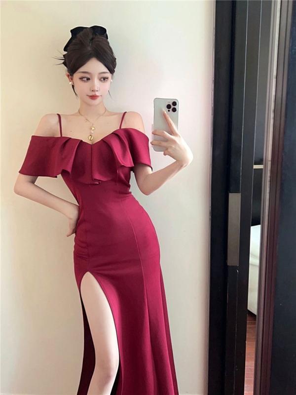 レディース 夏用 セクシー ワンショルダー イブニングドレス スリット フィット スリムライン ロングドレス 高級感 ファッション ボディコン パーティー用 軽量 伸縮性
