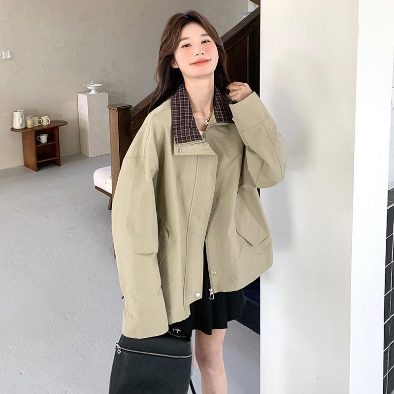 レディース トレンチコート ショート丈 カーキ ワーク カジュアル 春 小柄 韓国スタイル ミリタリー アウター 普段使い 軽量 伸縮性