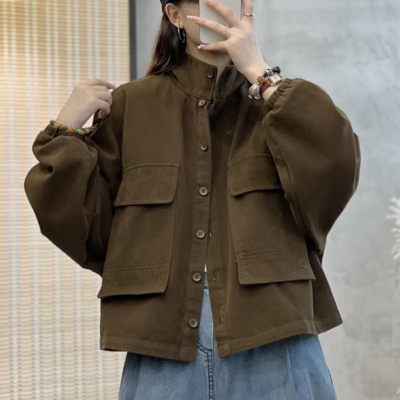 女性用 ジャケット ゆったり 綿素材 無地 シングルブレスト バットスリーブ 春秋 カジュアル アウター フィット ビッグシルエット トップス