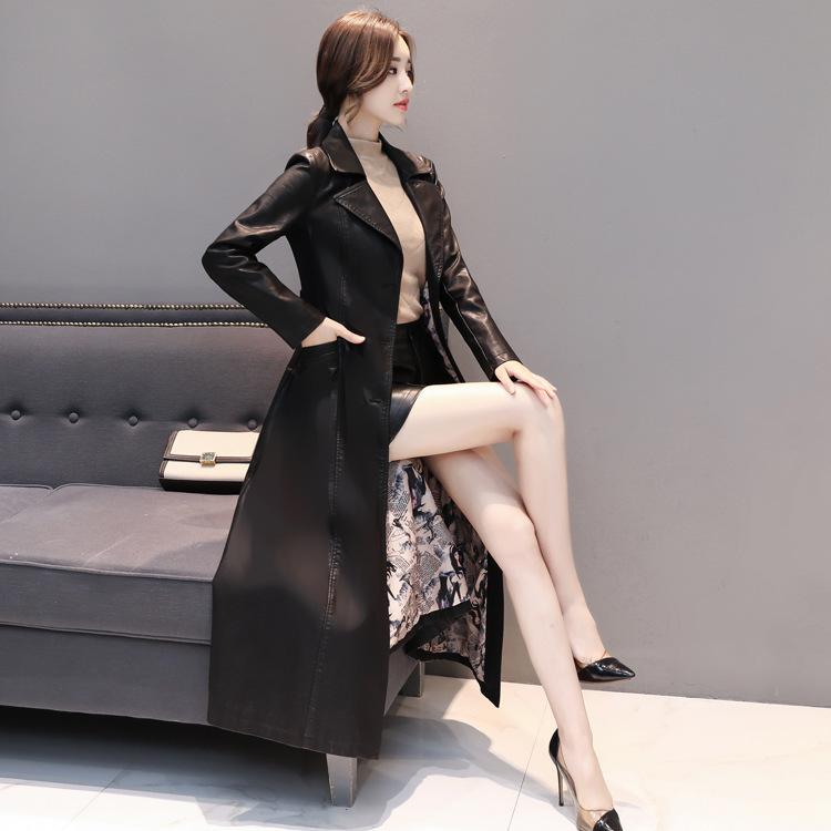 レディース レザージャケット バイカースタイル 韓国 大きめサイズ スリムフィット BFシルエット ロング丈 トレンチコート風 カジュアル アウター 合成皮革 軽量 普段使い ストリート