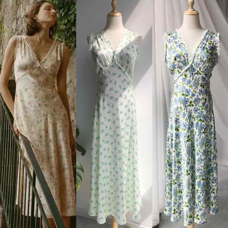 レディース ワンピース 小花柄 Vネック ノースリーブ レース 花辺 フレンチスタイル シルク素材 レトロ エレガント 爽やか 軽量 女性らしい 日常使い
