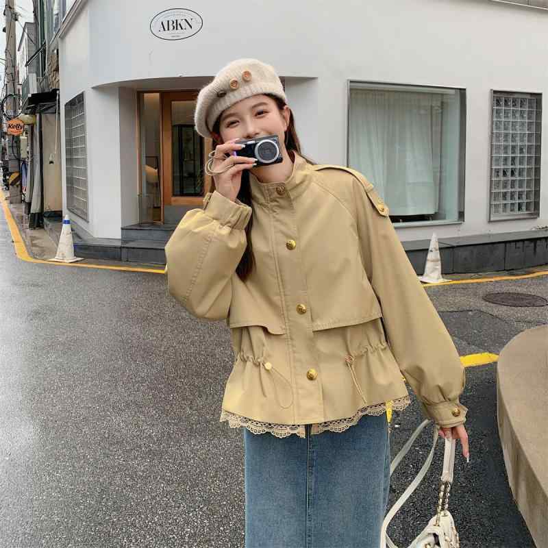 レディース ショート トレンチコート カーキ レース 切り替え 小柄向け ウエストイン スタンドカラー ワーク風 春 軽量 伸縮性 吸湿速乾 カジュアル 普段使い
